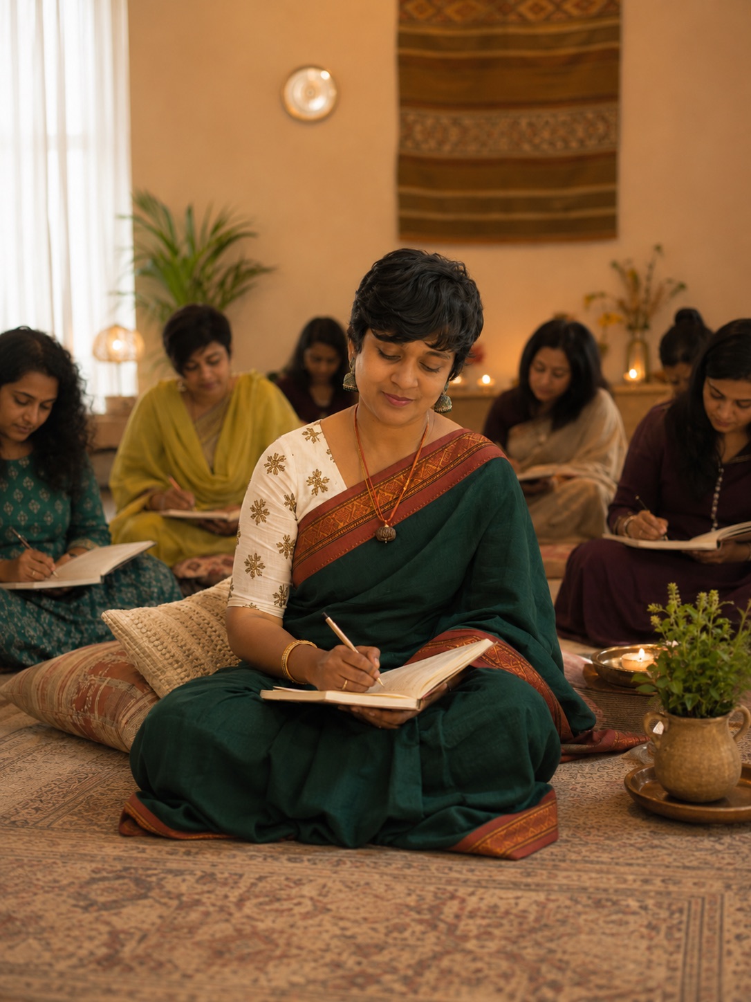 Women journaling together in a warm, candle-lit Aval Agam circle